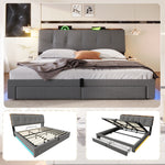 Upholstered Bed 180x200cm with Hydraulic Storage & LED, Grey Linen