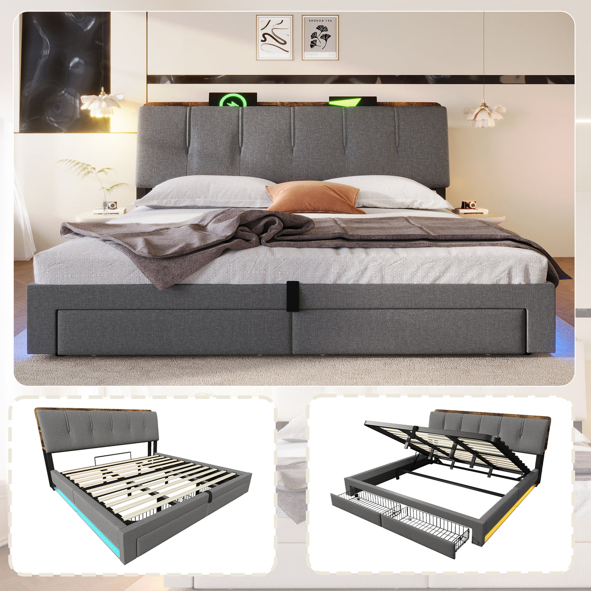 Upholstered Bed 180x200cm with Hydraulic Storage & LED, Grey Linen