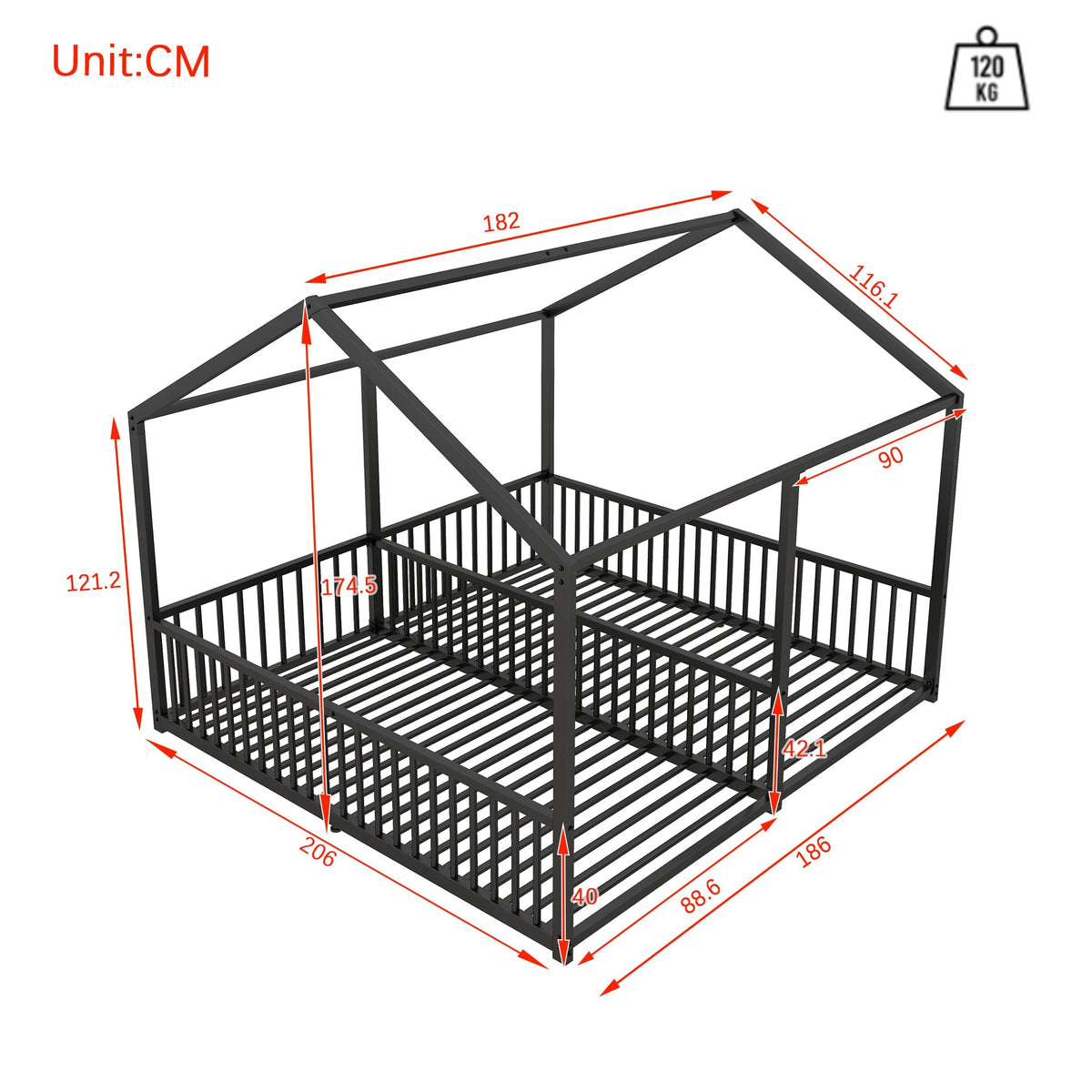 Metal Bed 90x200cm House Design Ladder - Black Iron Frame