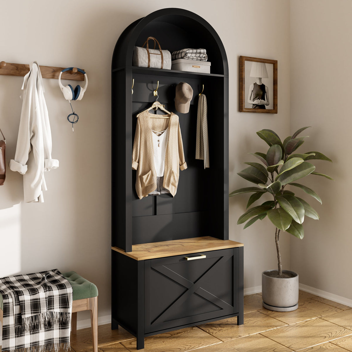 Multifunctional Wardrobe with Shoe Rack, Shelf & Hooks - Hall Tree, Durable MDF Body