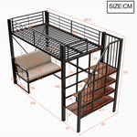Bunk Bed with Removable Sofa, Storage and Safety Stairs, 90x200cm, Black Metal