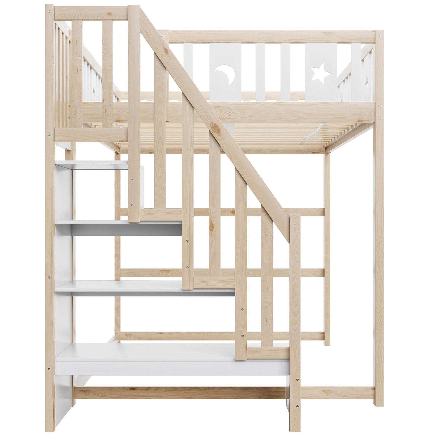 Children's Loft Bed 140x200 with Stairs Safety Railing Star & Moon Decor Solid Wood