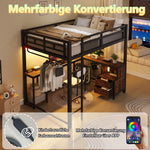 Metal Loft Bed 140x200cm with Desk, LED & Storage, Metal