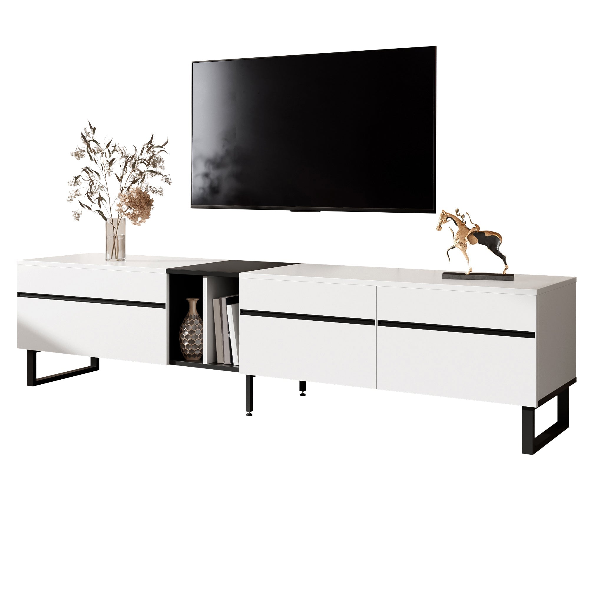 TV Stand 180cm Drop-Down Open Shelves Double Doors - White