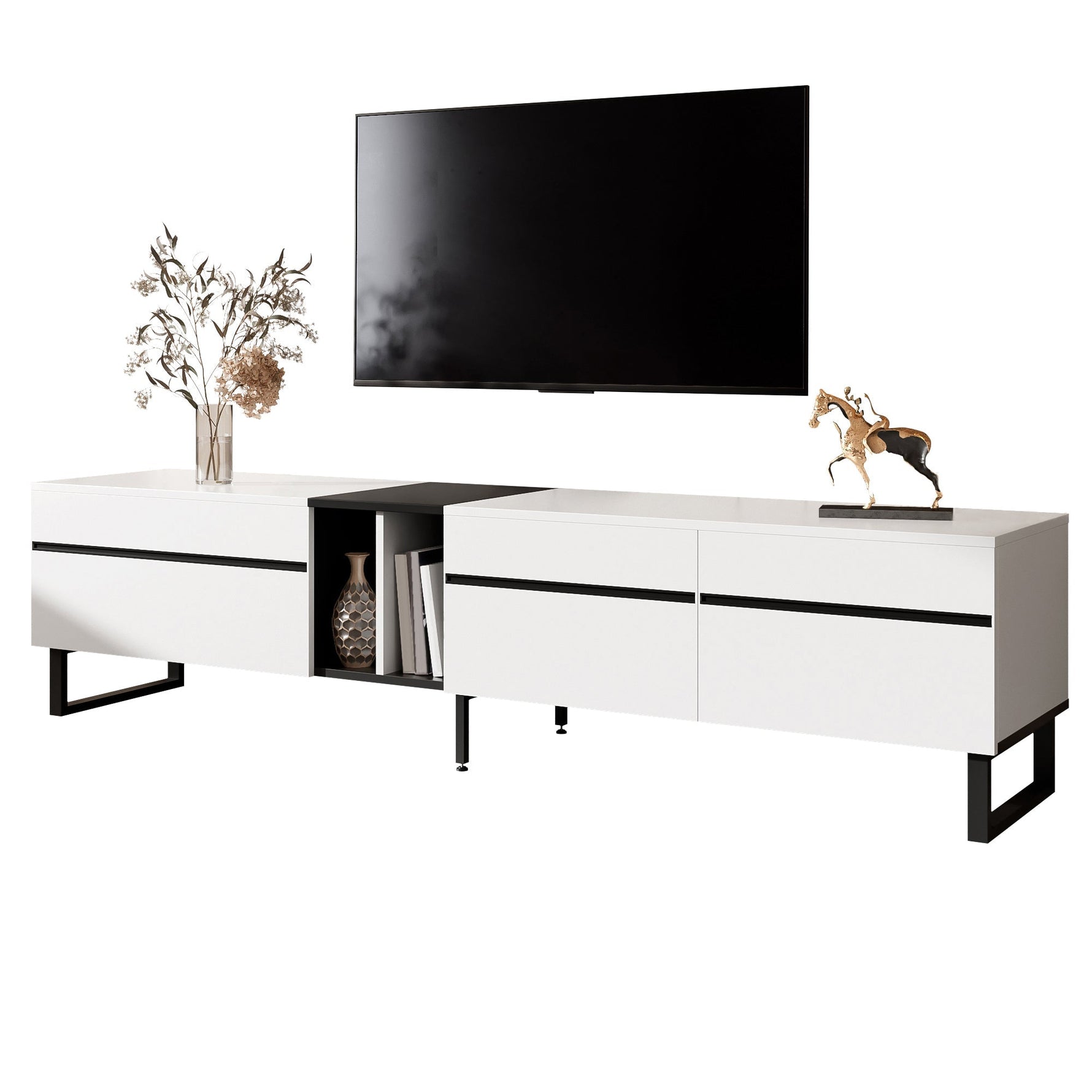 TV Stand 180cm Drop-Down Open Shelves Double Doors - White