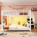 Bunk Bed 140x200 cm with Stairs, Storage & LED Light, White Metal