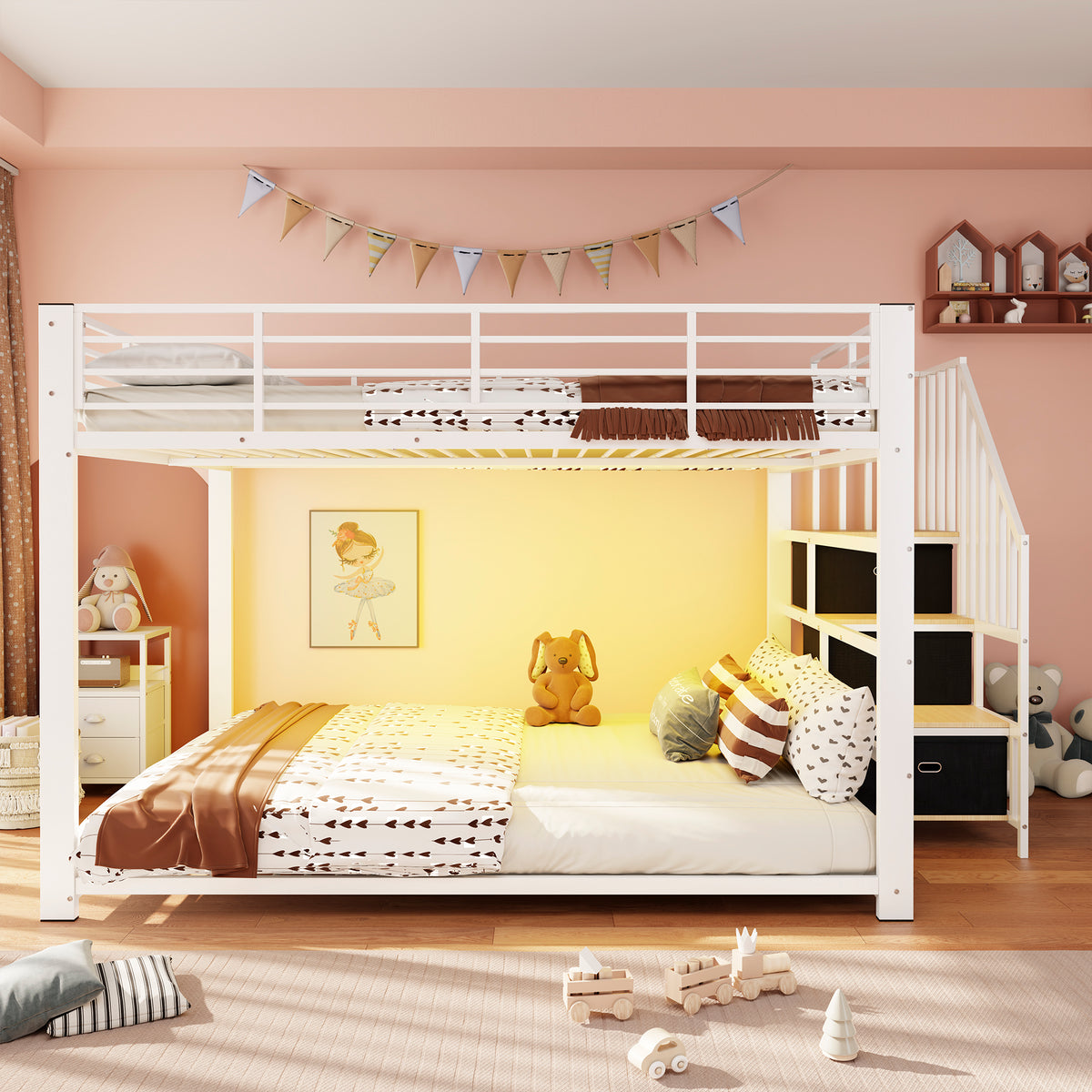 Bunk Bed 140x200 cm with Stairs, Storage & LED Light, White Metal