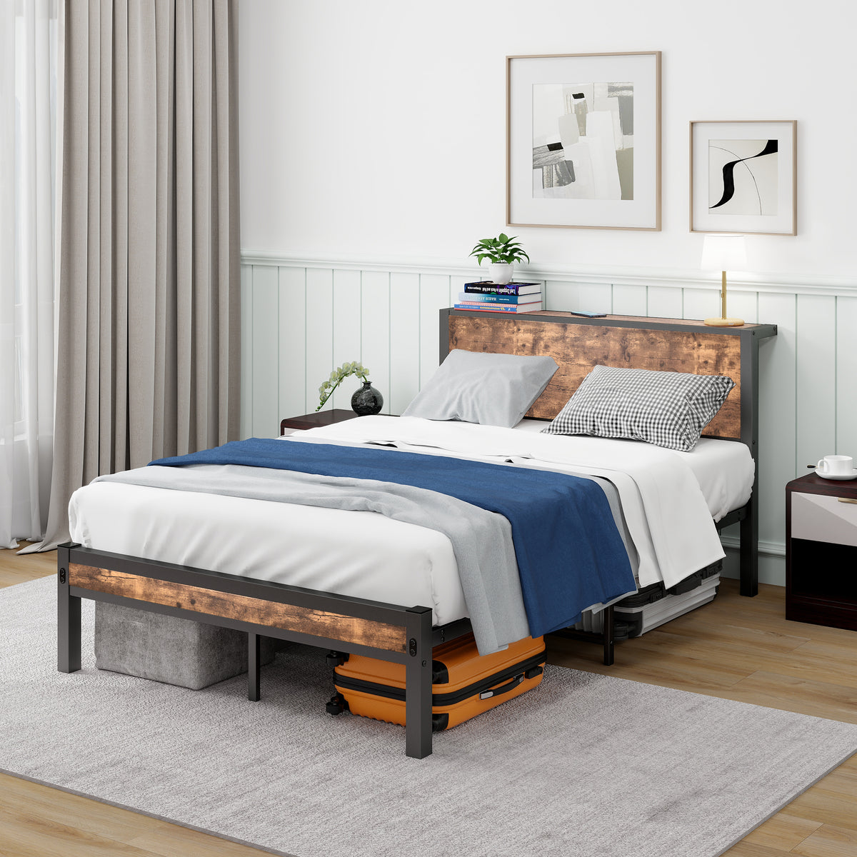 Metal Platform Bed Frame 120x200cm Storage Headboard, Vintage Brown