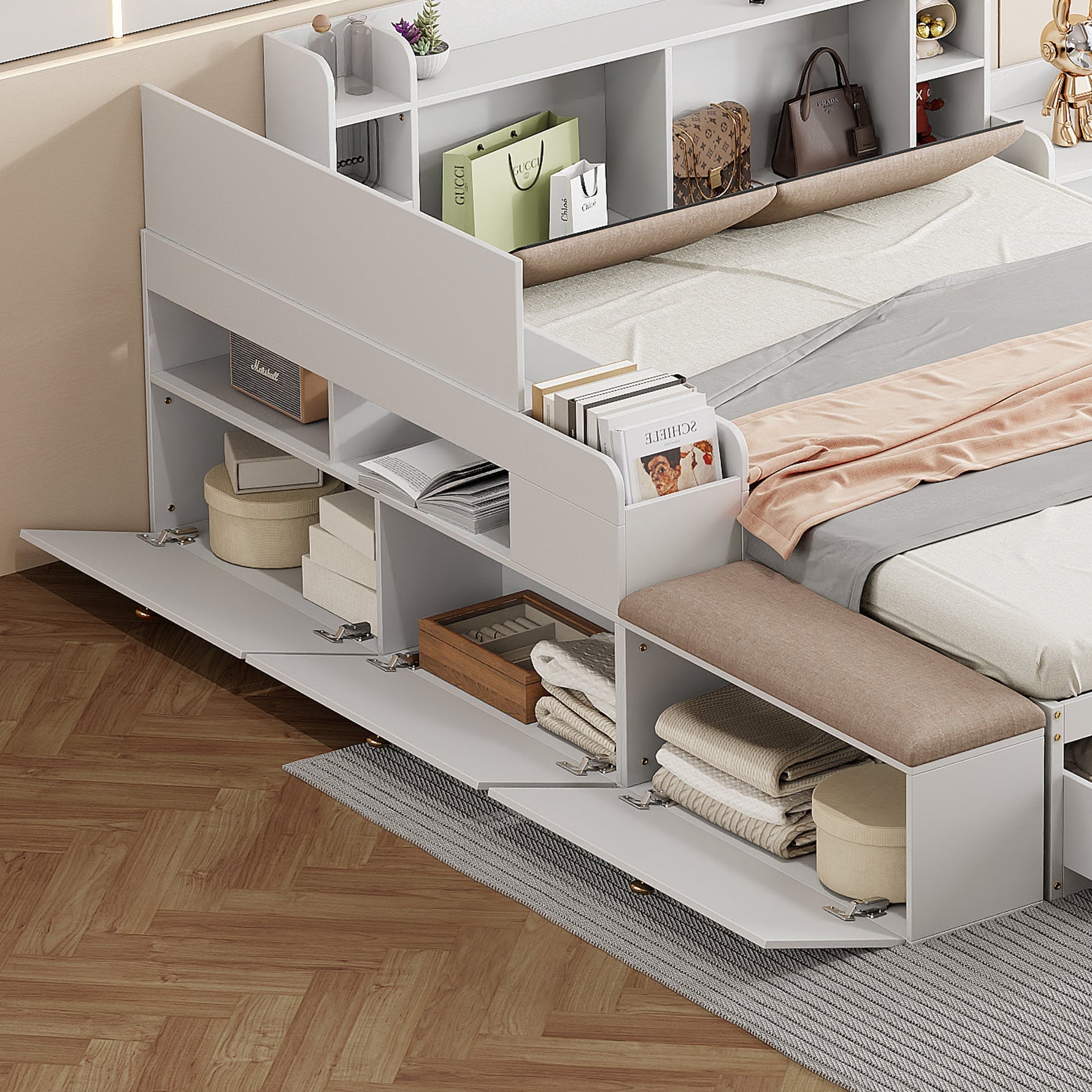 Solid Wood Combination Bed 140x200cm, Storage Headboard, Drawers, Nightstand, Wardrobe, Sofa Bench, White