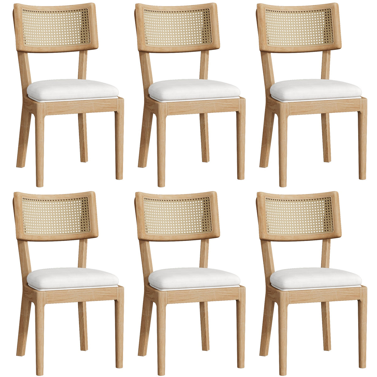6 Solid Wood Dining Chairs with Rattan Backrests, Linen, Wood Color