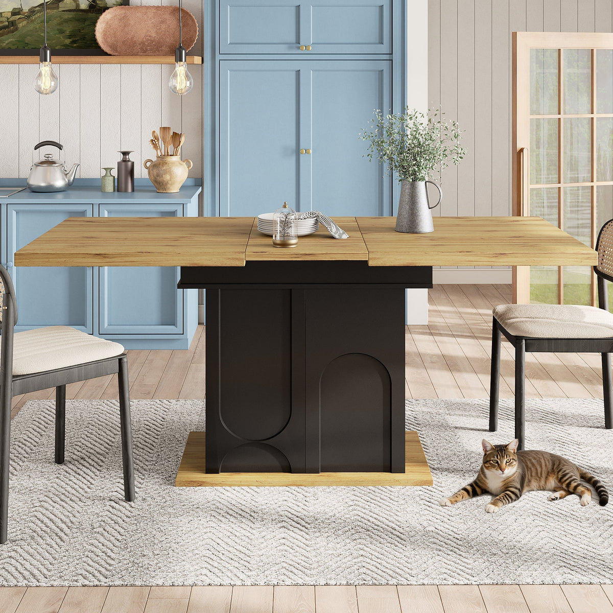 Telescopic Dining Table 110-140x80cm Extendable Foldable Storage Cabinet