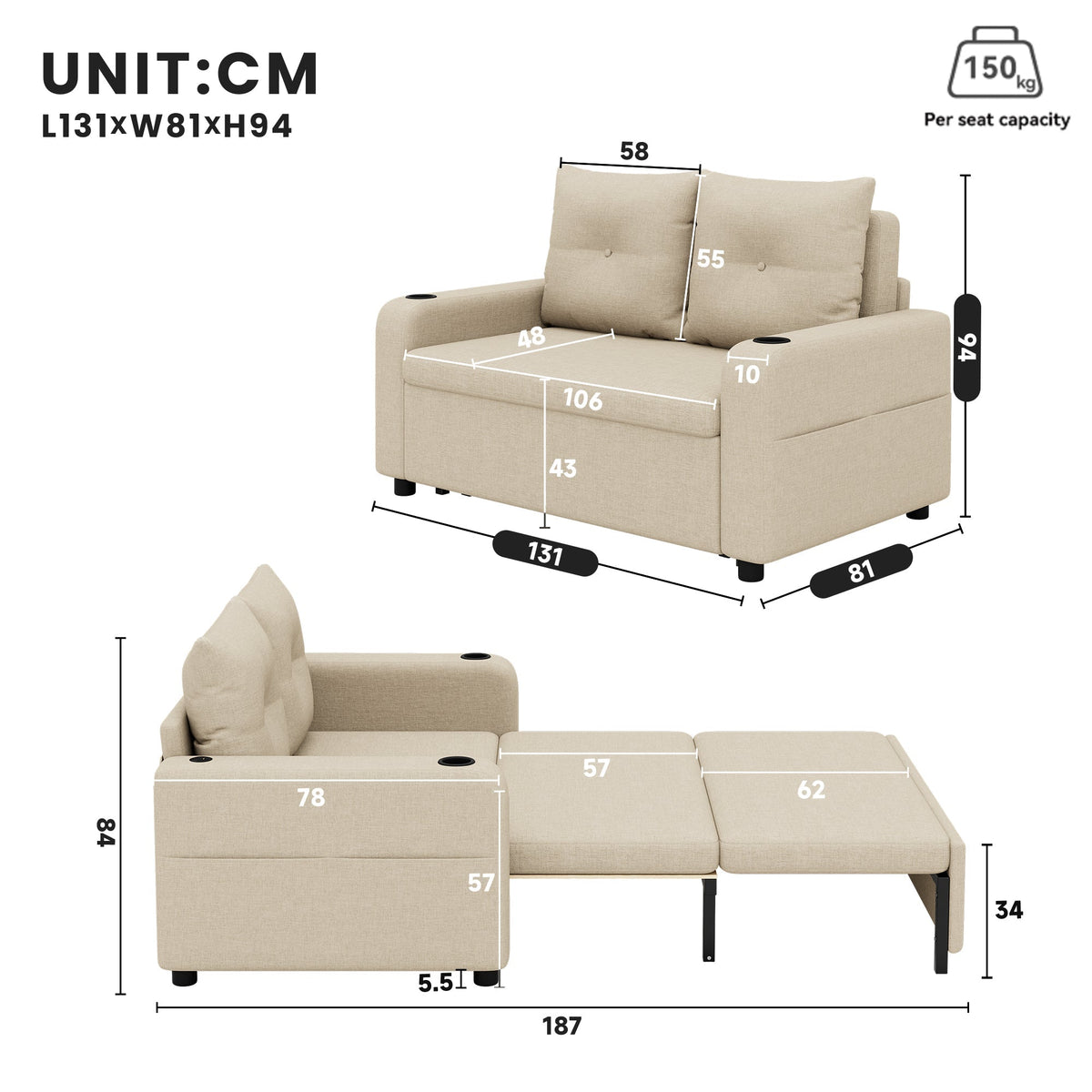 3-in-1 Sleeper Sofa with Pull-Out Bed, Cup Holder, USB Port and Side Pockets, Beige Cotton Linen