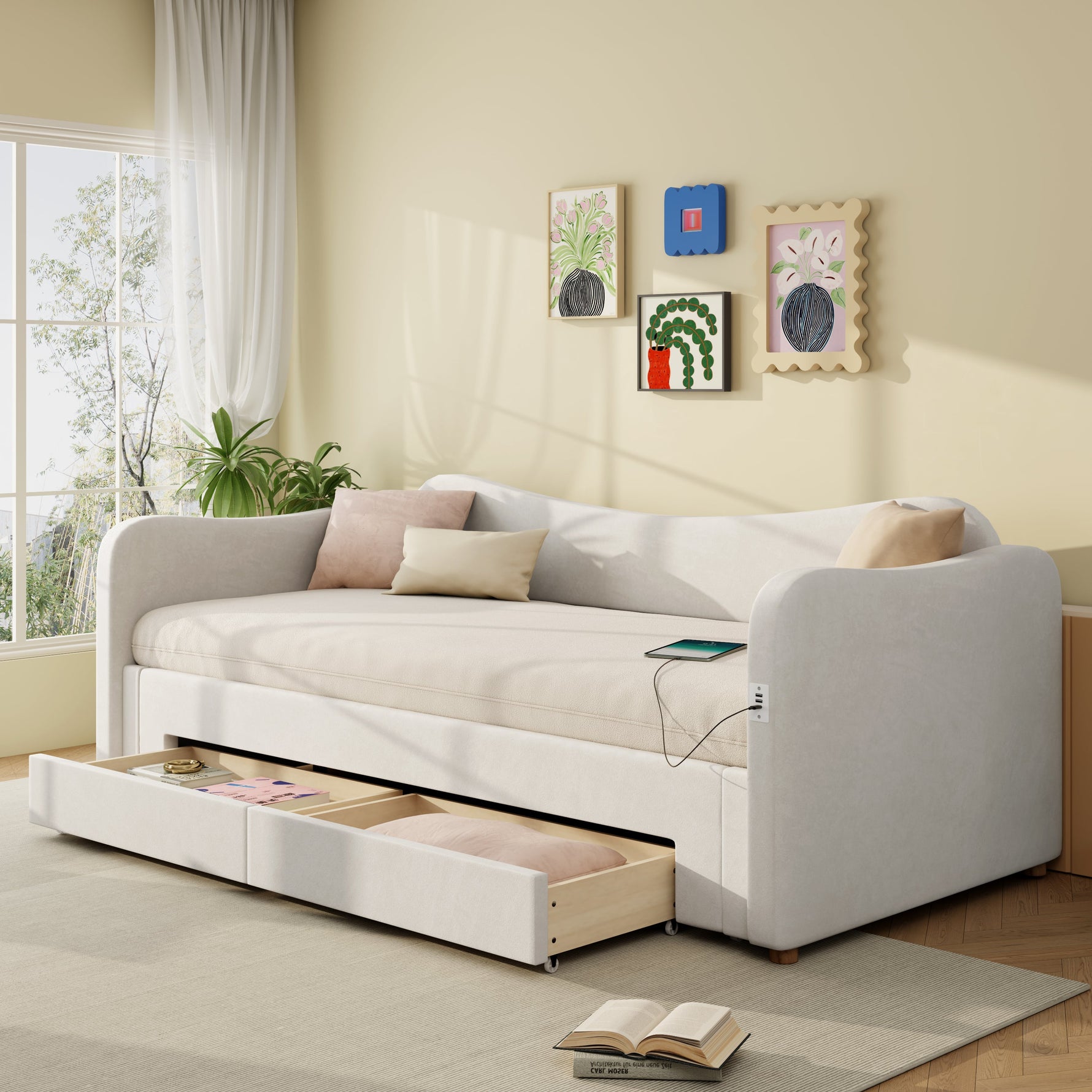 Upholstered Daybed with 2 Drawers, USB Port, 90x200cm Extendable to 180cm, Beige Velvet