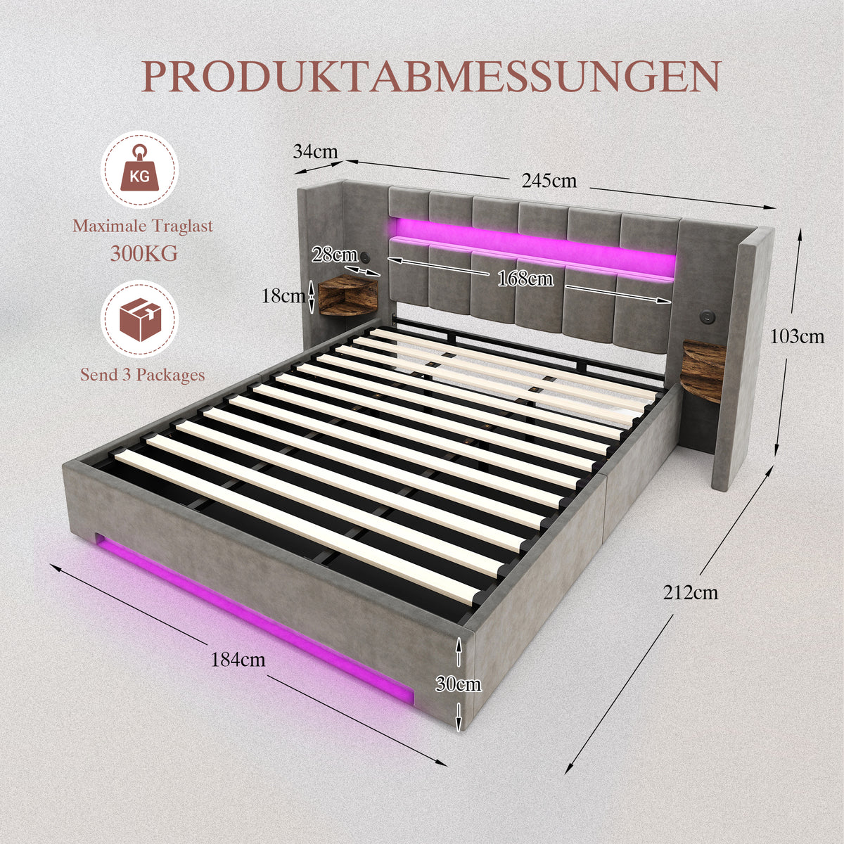 Multifunctional Bed Frame 180x200cm with Storage & LED, Velvet