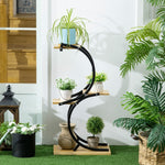 Plant Shelf S-Shaped 4-Tier Stand with Metal Frame and Solid Wood, Black