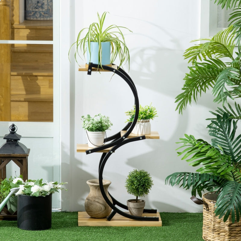 Plant Shelf S-Shaped 4-Tier Stand with Metal Frame and Solid Wood, Black