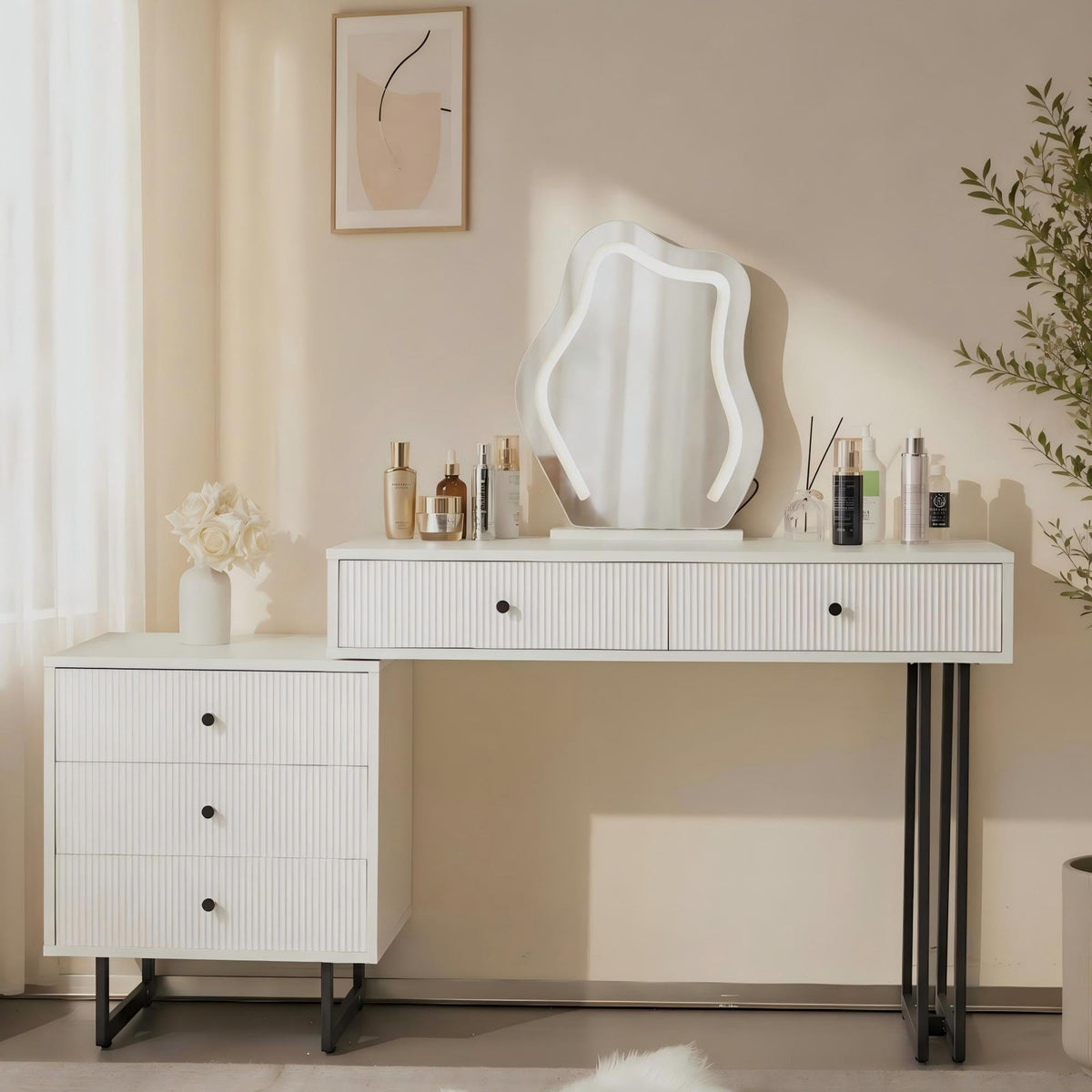 Dressing Table Set with 3-Color LED Mirror & Extendable Tabletop