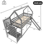 Bunk Bed House Bed 90x200cm Storage Stairs Slide Railing, Grey