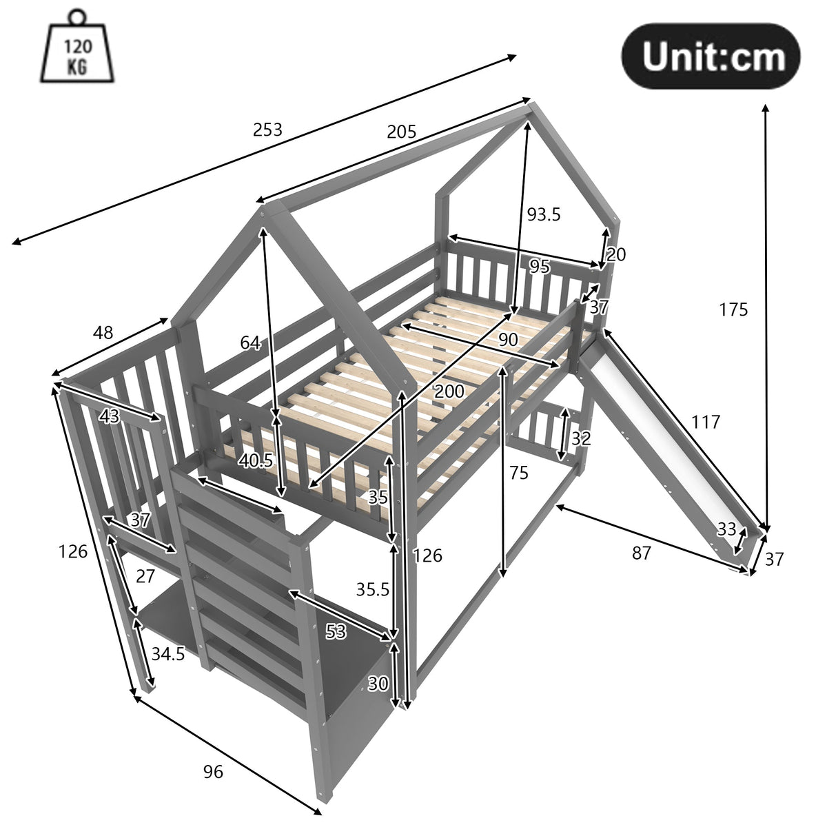 Bunk Bed House Bed 90x200cm Storage Stairs Slide Railing, Grey