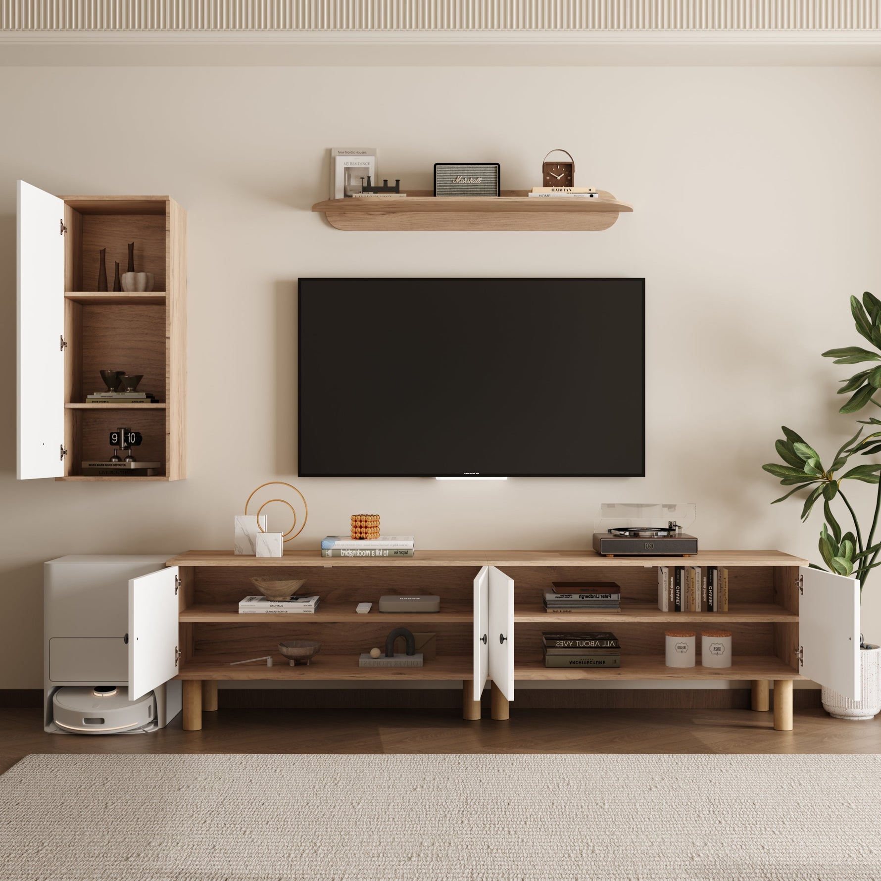 Wall Unit, Highboard Cabinets Shelf, White Wood