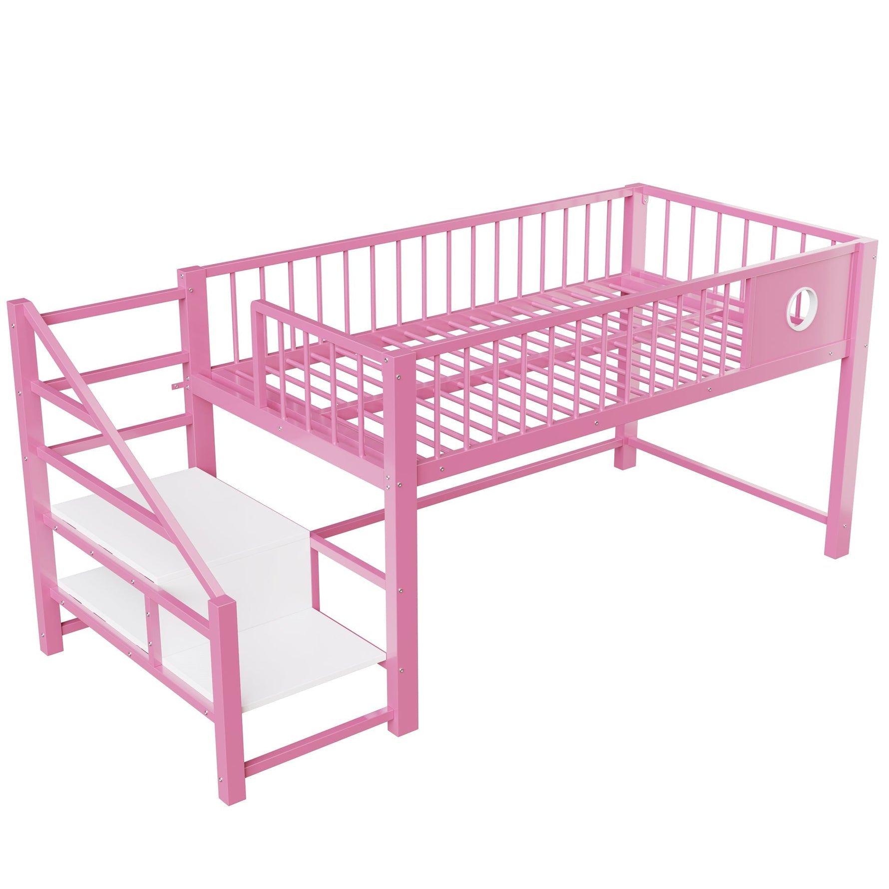 Low Loft Bed for Children with Storage Ladder and Metal Frame, 90x200cm, Pink Metal