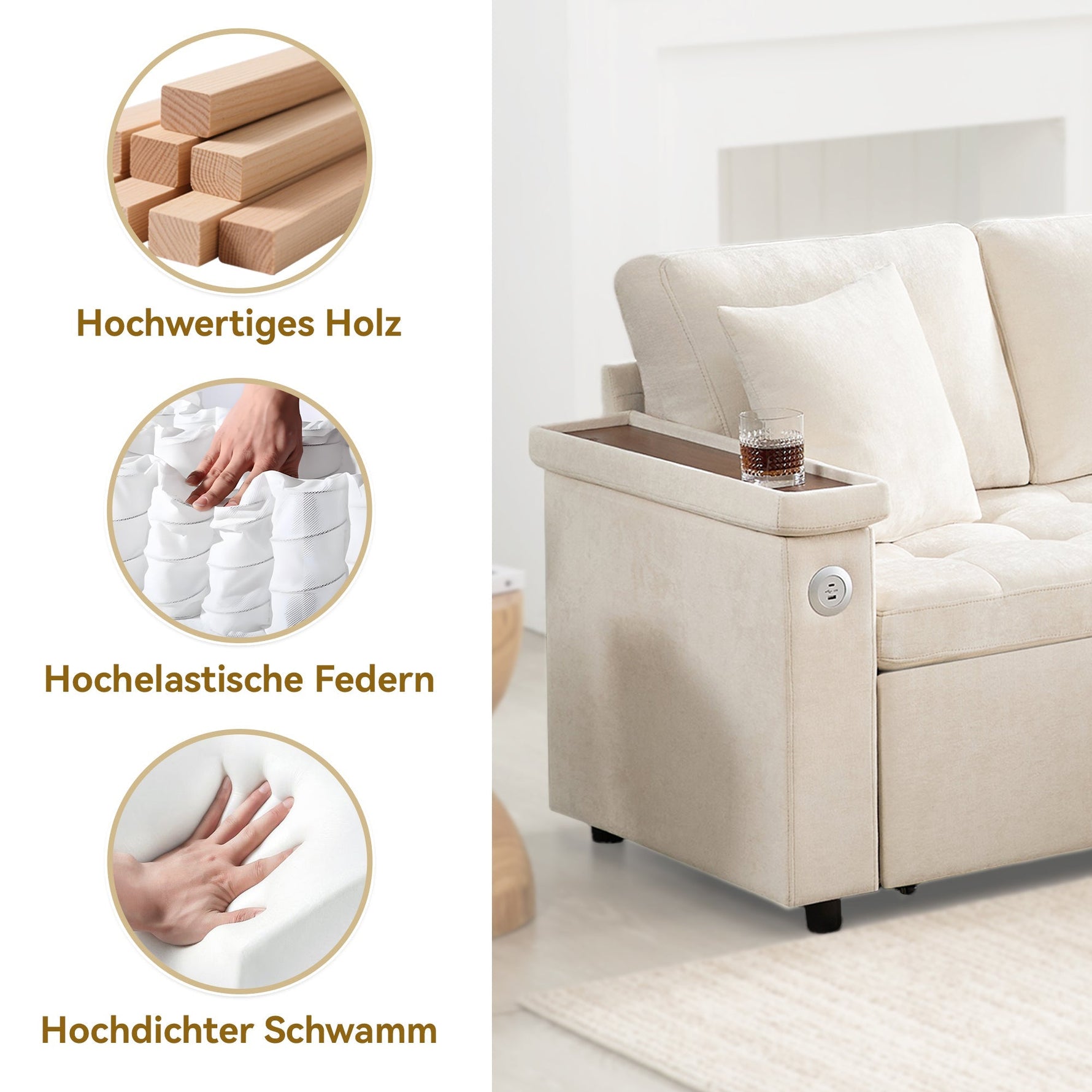 Modern L-shaped Sofa Bed with Storage, USB Charger, and Cushions, Beige