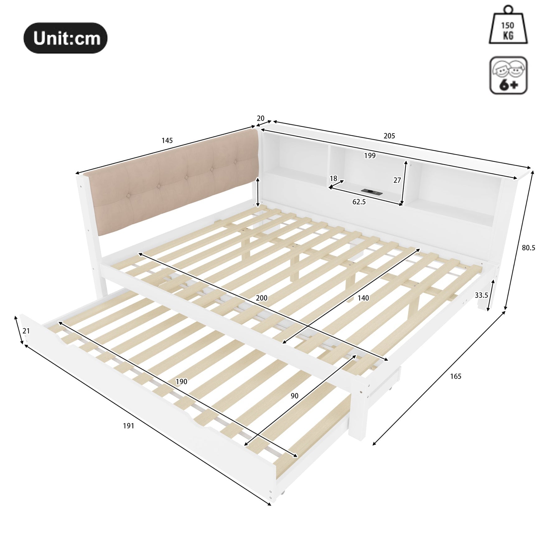 Daybed Sofa Bed 140x200cm Pull-out Bed LED Shelf USB - White Pine Wood