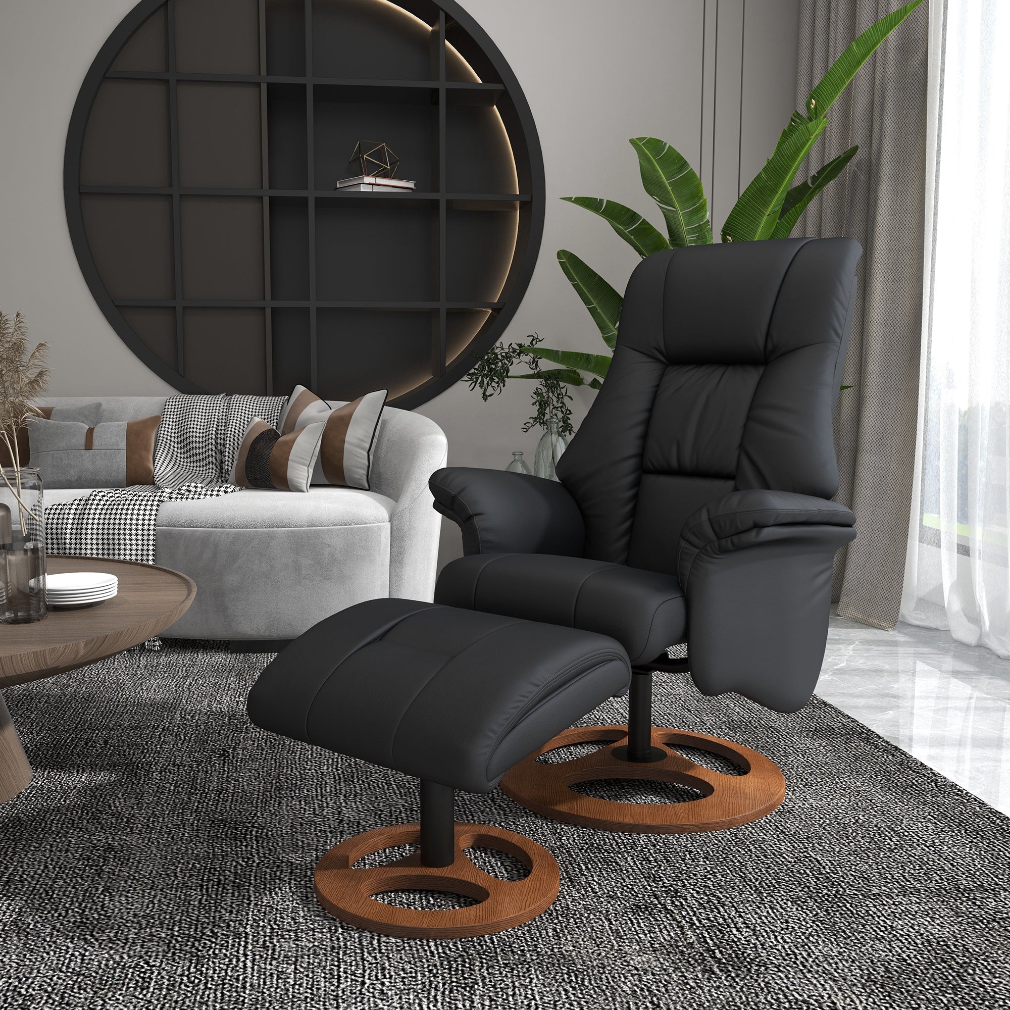 Reclining Armchair with Footstool, Electric 130° Reclining TV Function, Black Faux Leather
