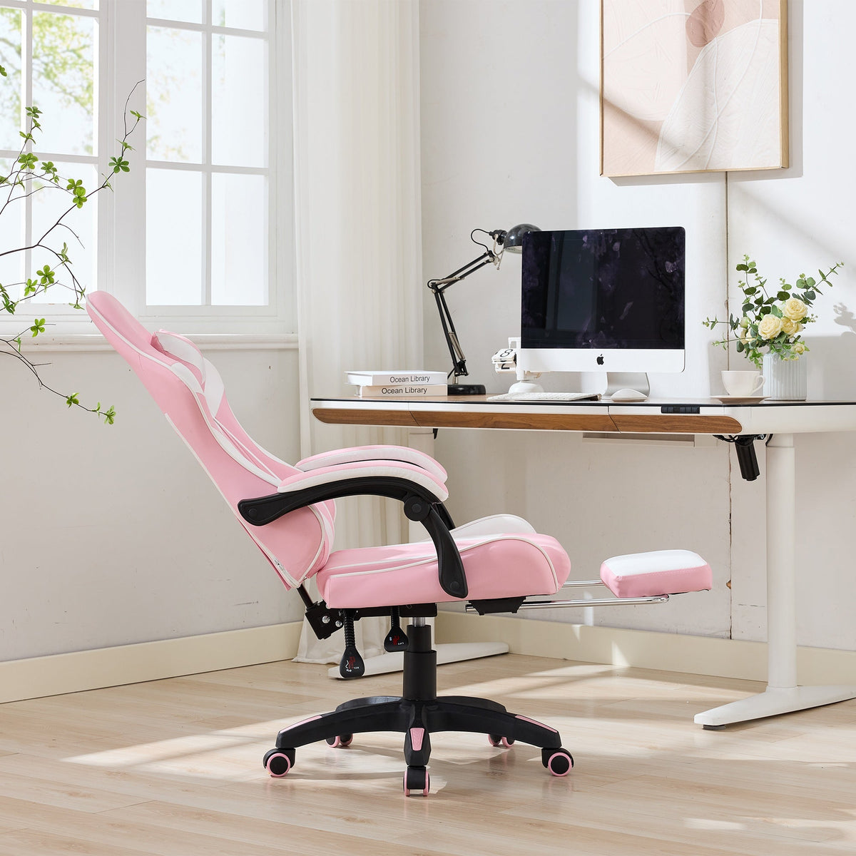 Gaming Chair Ergonomic Racing High-Back Swivel with Footrest & Lumbar Support Leather White & Pink
