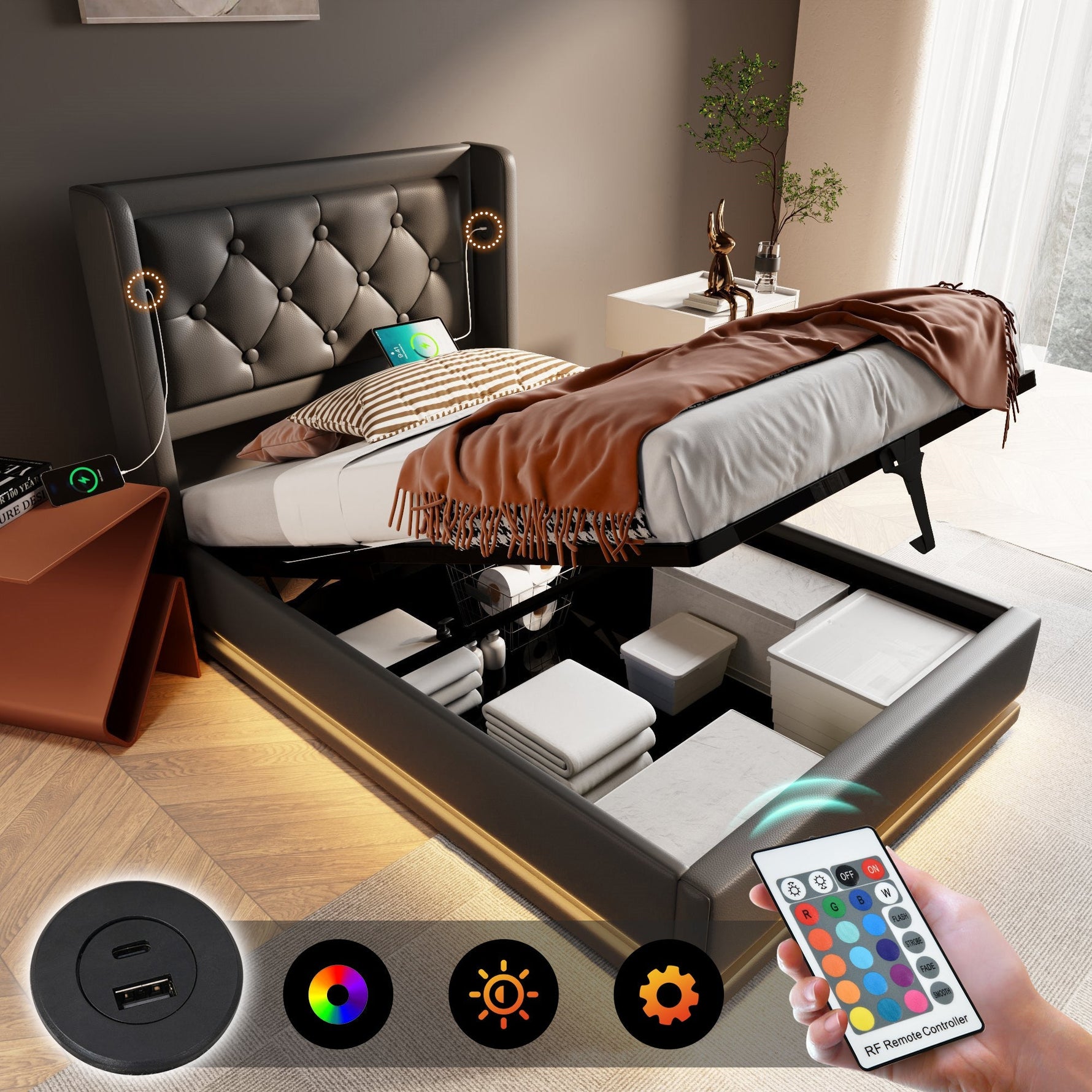Upholstered Bed, 90x200cm Hydraulic Storage with USB, LED, Black PU