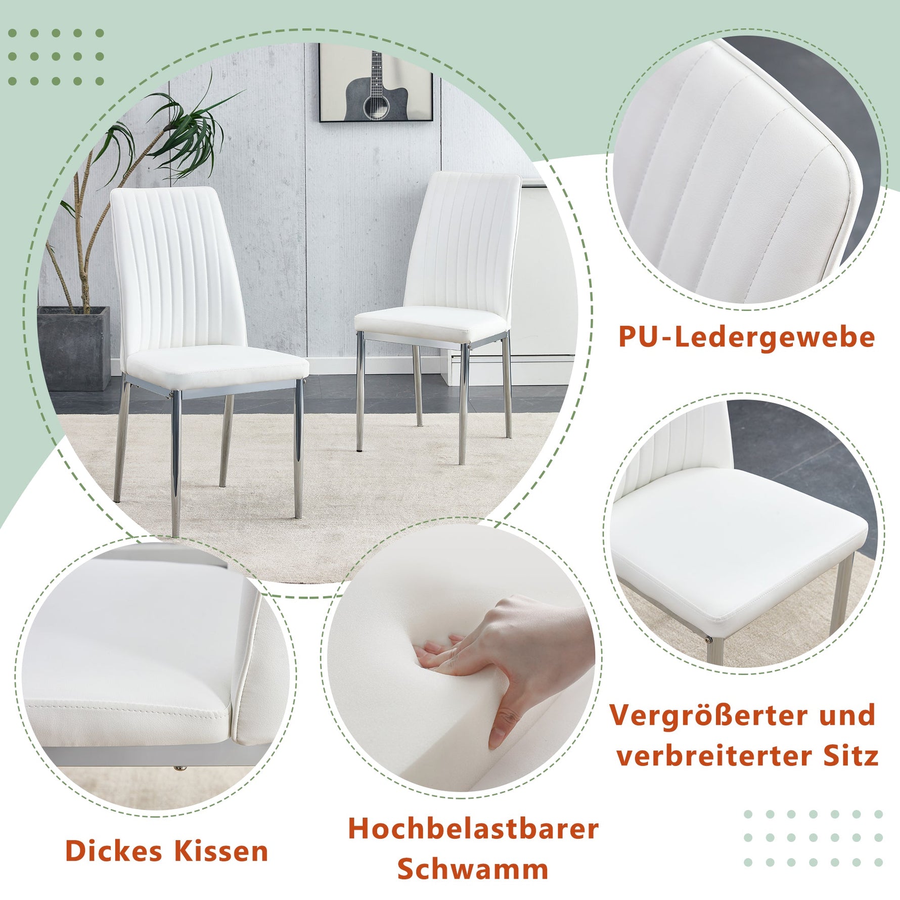 Dining Chairs 4-Piece Set, Silver Metal Legs, White PU Leather