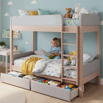 Bunk Bed with Anti-Collision Edge, Straight Staircase and Two Drawers, 90x200cm, Grey and Natural Rubberwood + MDF