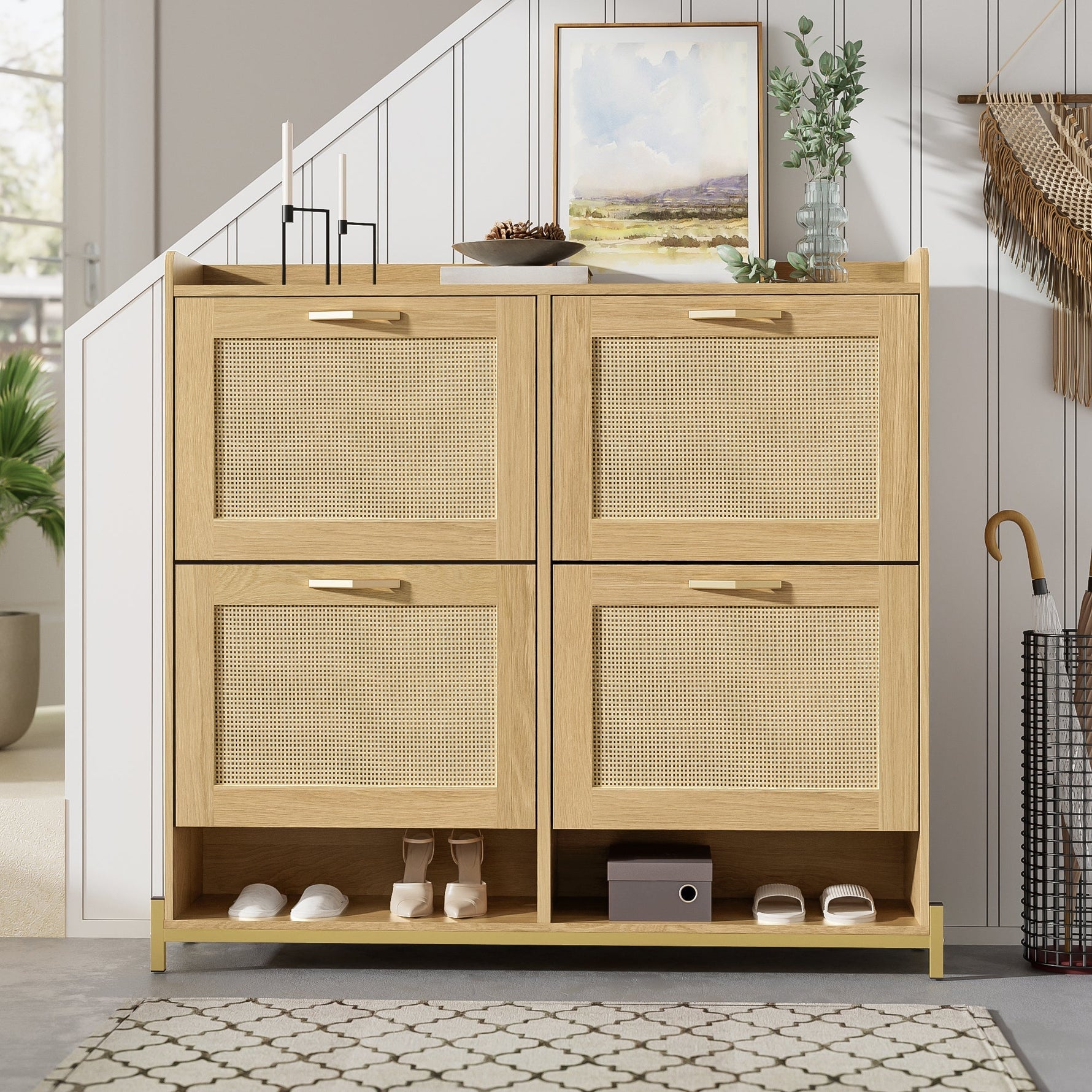 Shoe Cabinet Rattan Doors 4 Doors Metal Frame - Wood