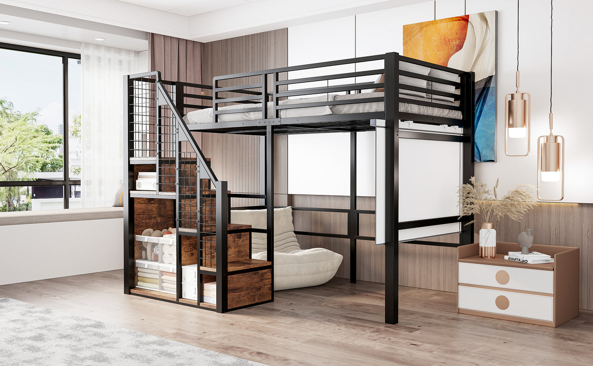 Bunk Bed with Safety Ladder 90x200 & Storage, Black Iron Frame