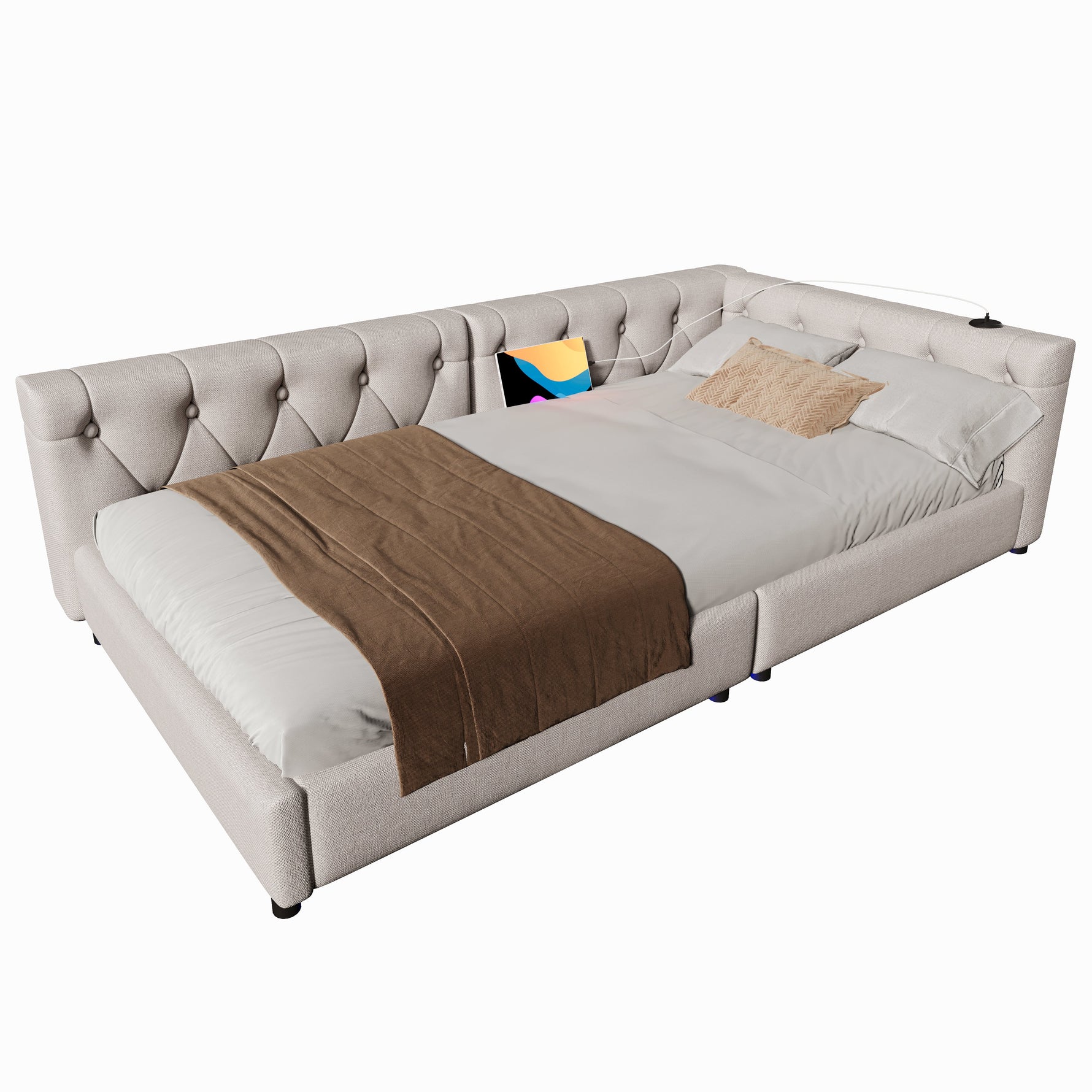 Daybed Sofa Bed 90x200cm Slatted Base LED Remote USB-C Linen Beige