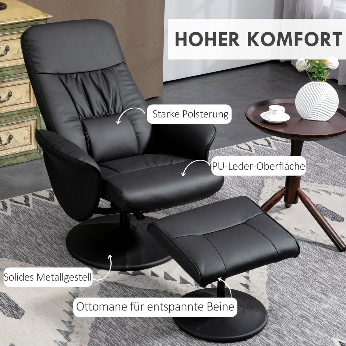 Recliner Chair with Footstool, Swivel Upholstered TV Chair, Faux Leather, Black