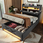 Upholstered Single Bed 90*200, Storage Headboard with USB & LED, Hydraulic, Gray Linen