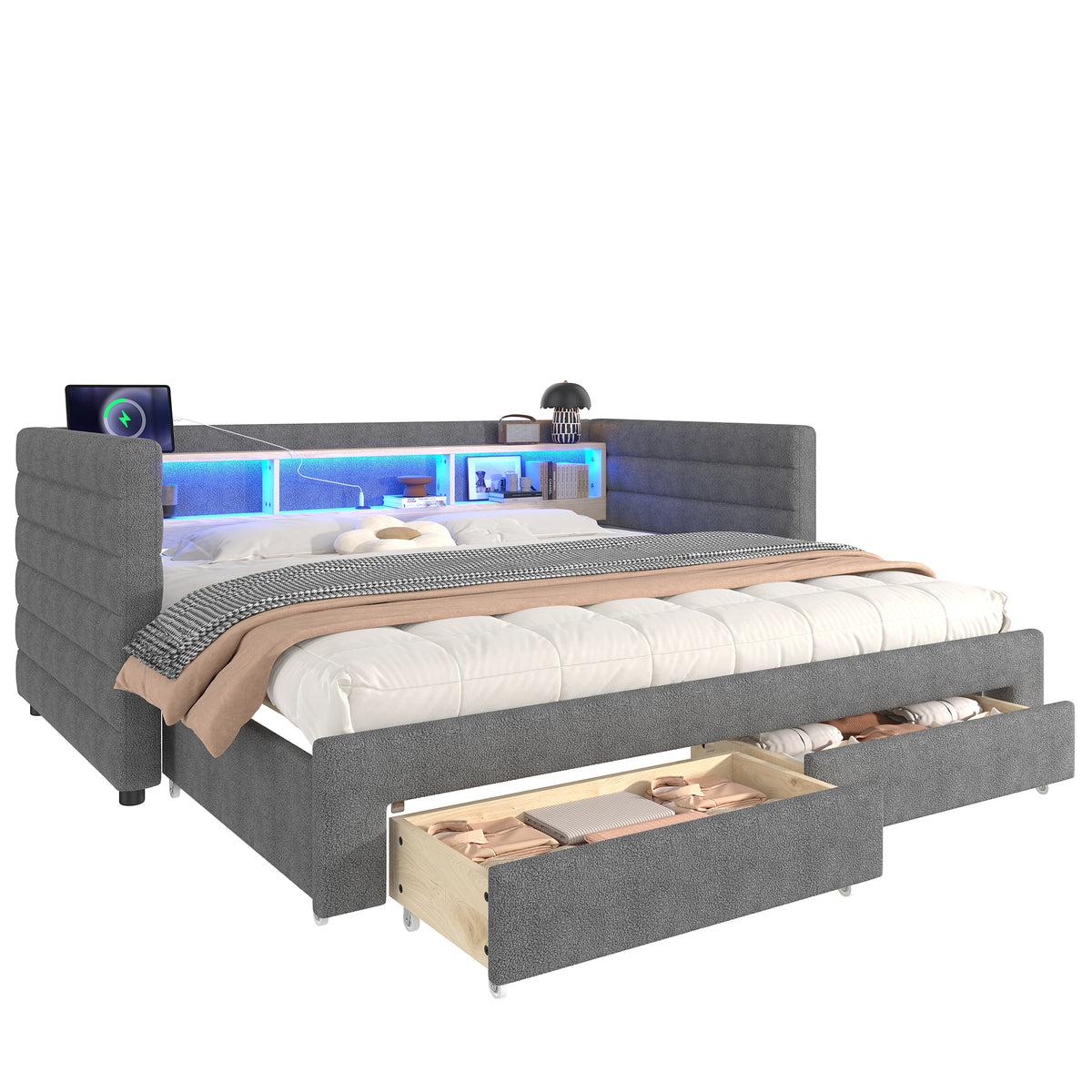 Multifunctional Daybed 90x190cm with Drawers, Grey Velvet