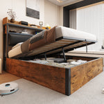 Bed Frame, 140x200, Hydraulic Lift, USB, Upholstered Headboard, Hidden Storage, Wood and Metal, Black