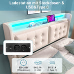 Upholstered Double Bed 180x200cm, Hydraulic Storage, LED Headboard and USB-C Charging, Beige Cotton