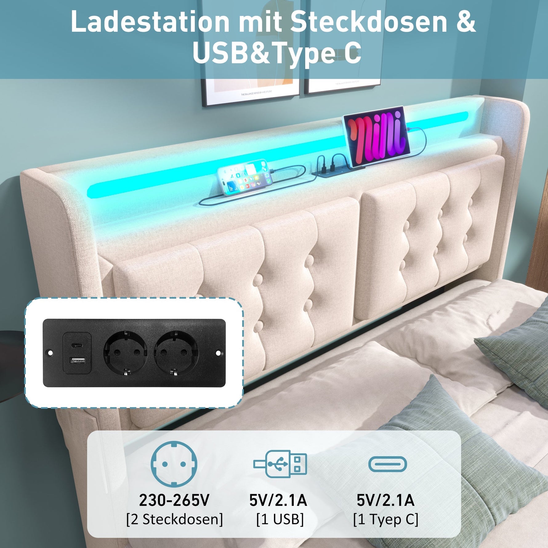 Upholstered Double Bed 180x200cm, Hydraulic Storage, LED Headboard and USB-C Charging, Beige Cotton
