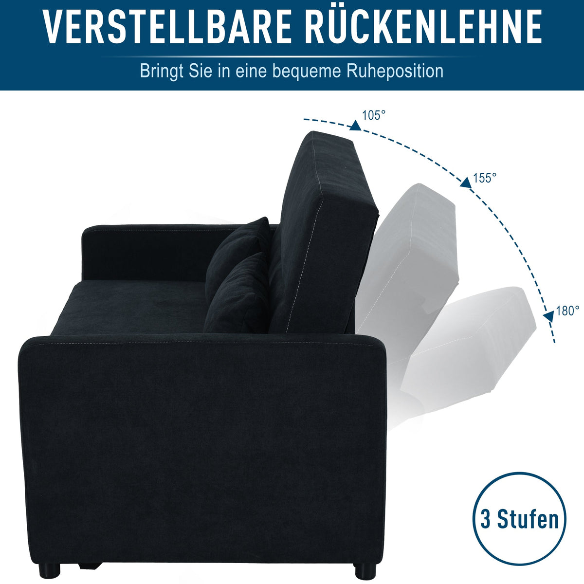 Sleeper Sofa, Convertible 2-Seater Adjustable Angle, Fabric Black