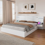 Double Bed with USB Port, Bluetooth Speaker, LED and 2 Bedside Tables, 180x200cm, White Wood