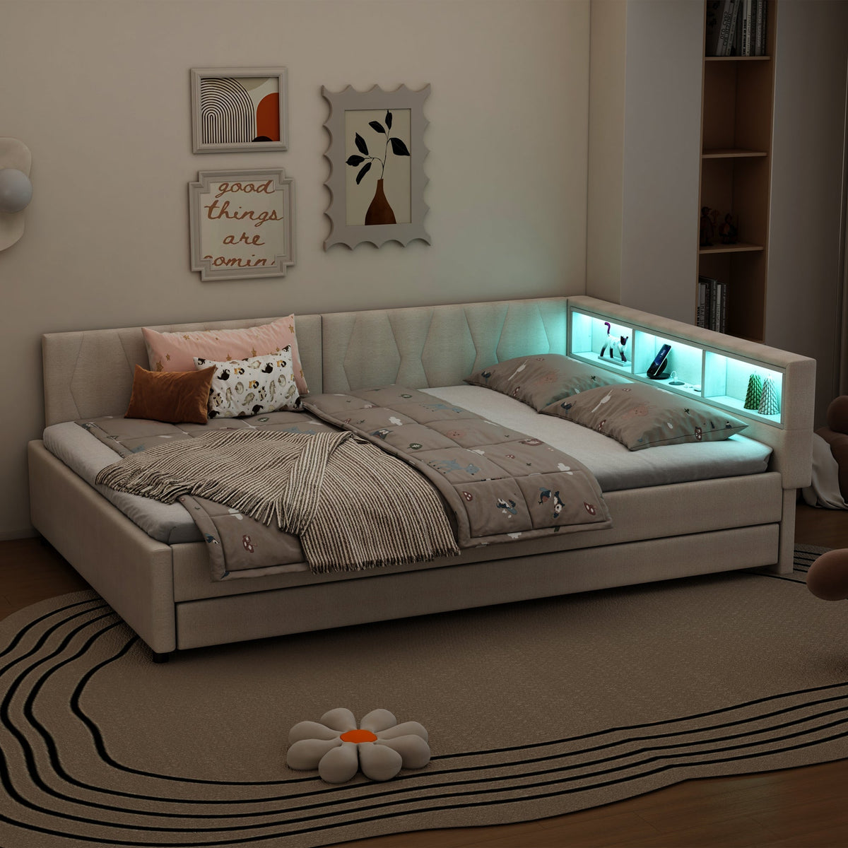 Daybed Sofa Bed 140x200cm Pull-out Bed Storage LED USB/Type-C - Linen Beige