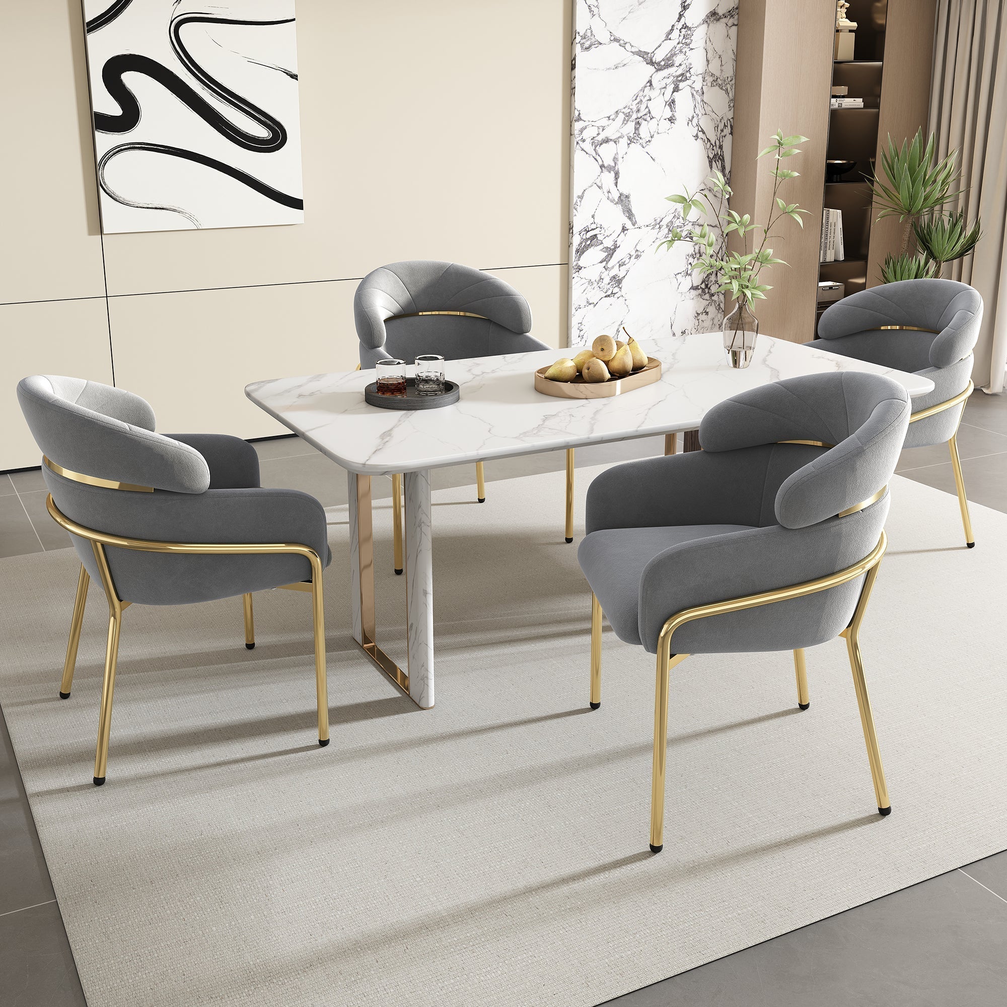Dining Chair Set of 4, Leisure Chair with Metal Legs, Grey Velvet