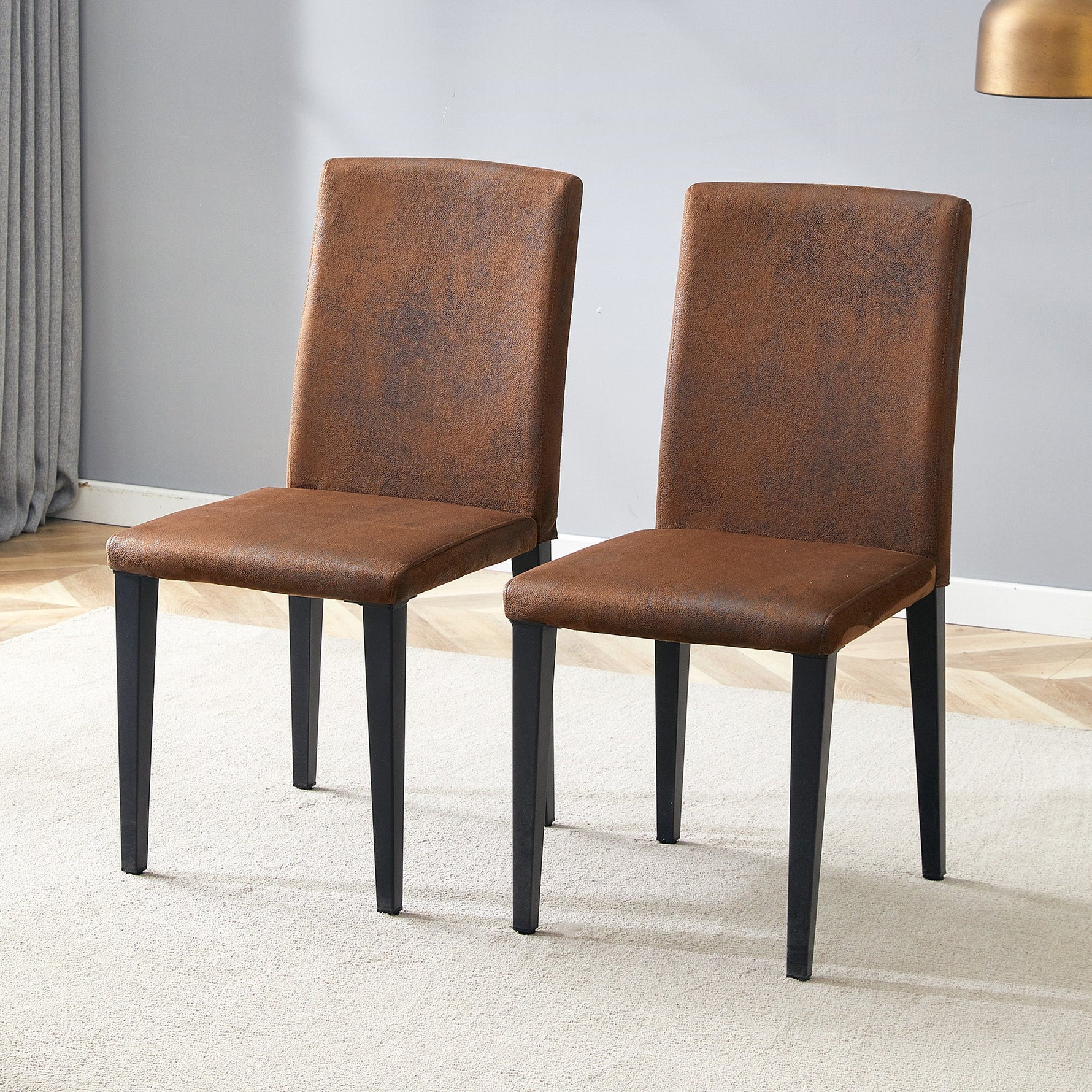 Minimalist Dining Chairs Set of 2 with Metal Legs, Brown Woven Fabric