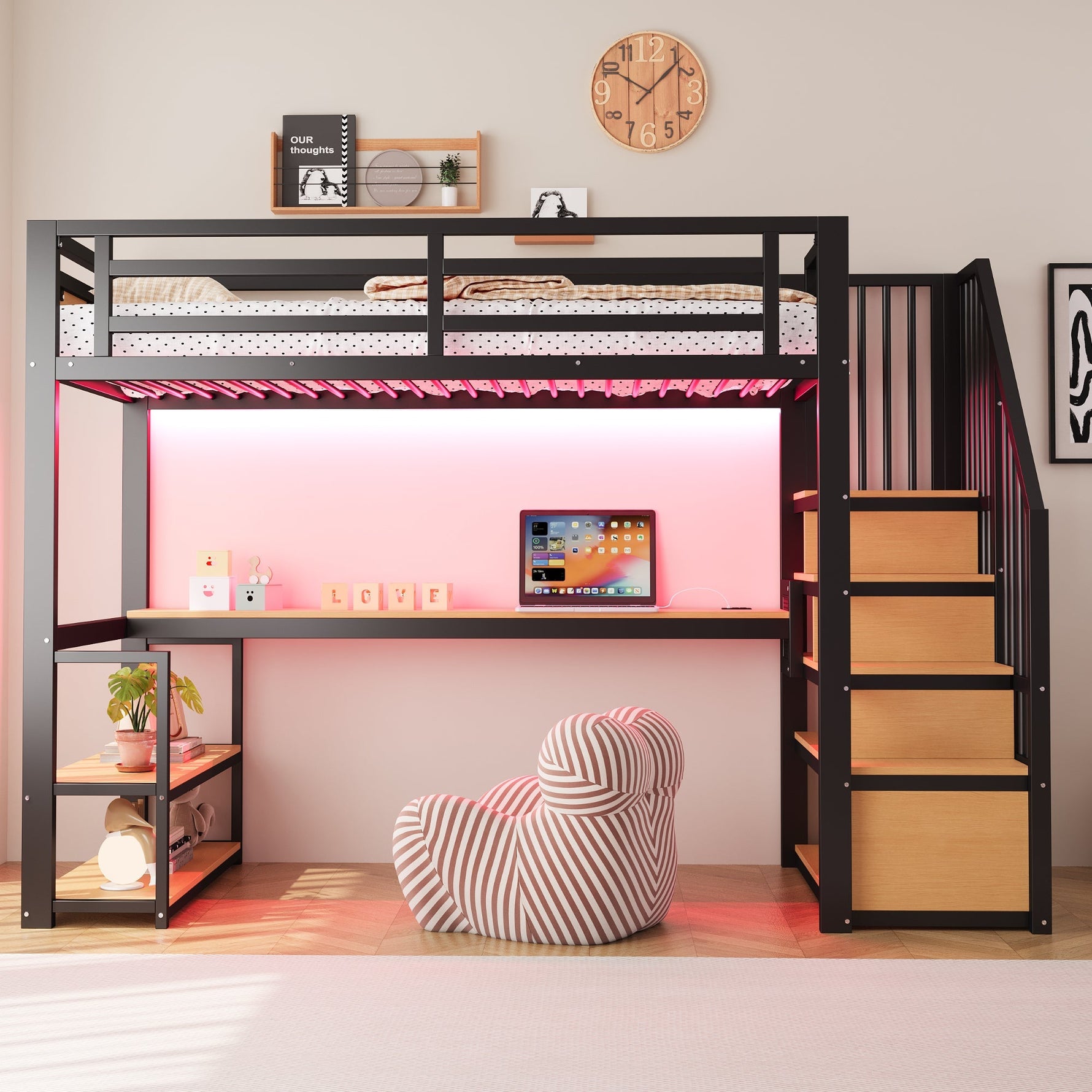 Metal Loft Bed with LED, Socket, Storage Ladder, Shelves and Desk, 90x200cm, Black Metal