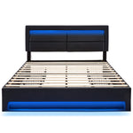 Upholstered Bed 140x190cm LED Light USB Charging 4 Storage Drawers Lychee PU Black