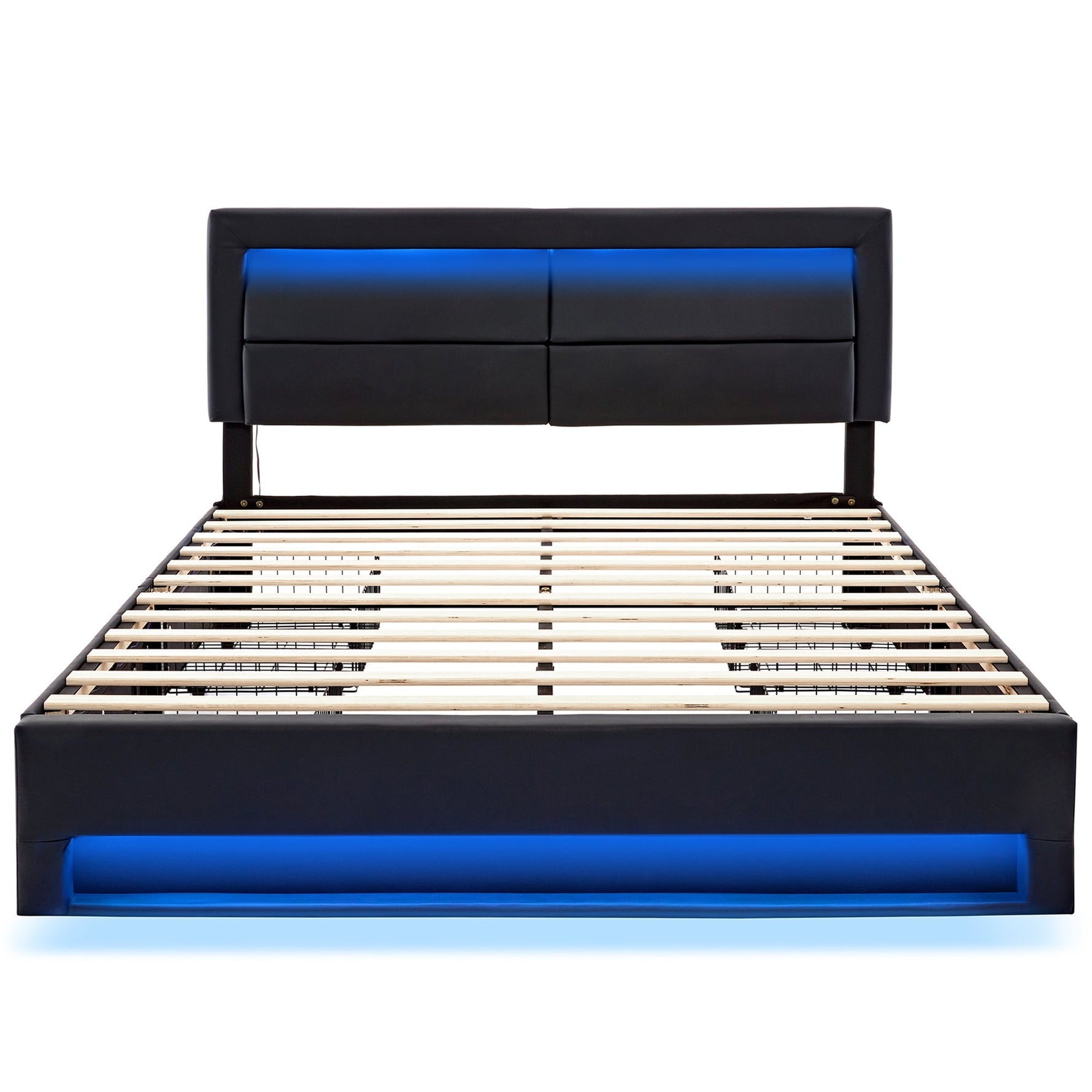 Upholstered Bed 140x190cm LED Light USB Charging 4 Storage Drawers Lychee PU Black
