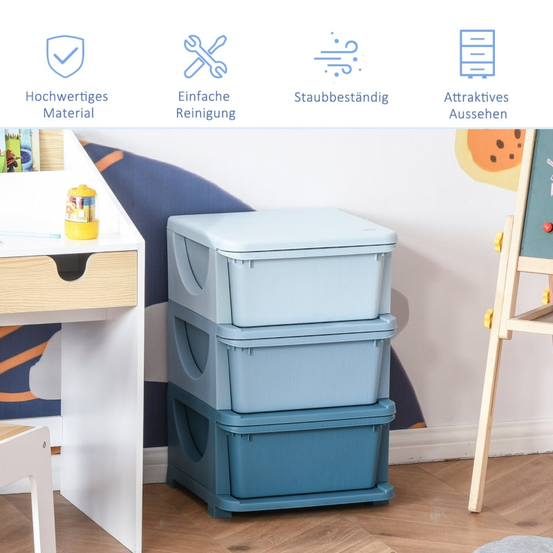 Kids' Storage Boxes, 3 Drawers, Rounded Edges, Blue